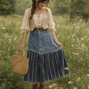 Upcycled Patchwork Denim Maxi Skirt Sz S Prairie Boho Cottagecore Button Stripe